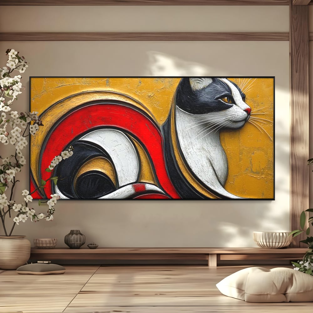 Tablou canvas cu tablou canvas cu pisica stilizata in profil, in rama de aluminiu negru